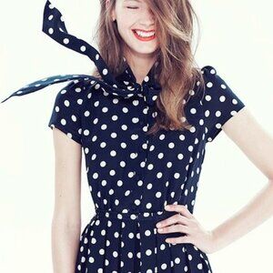 J.Crew Navy Polka Dot Silk Dress w Tie Neck - Vintage-Inspired Classic